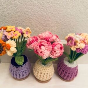 Handmade Crochet Potted Flower Bouquet - Set of 3, Vase Set - Pink,Purple,Cream